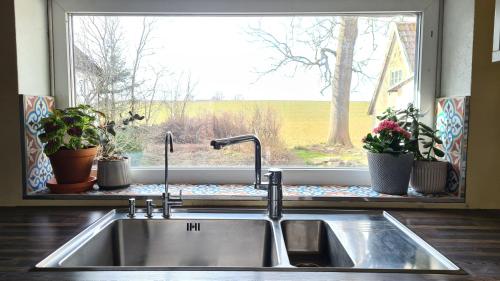 um lavatório de cozinha em frente a uma janela com vasos de plantas em Salarpsgården em Hammenhög