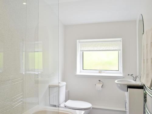 uma casa de banho branca com um WC e um lavatório em Corrie Massan em Benmore