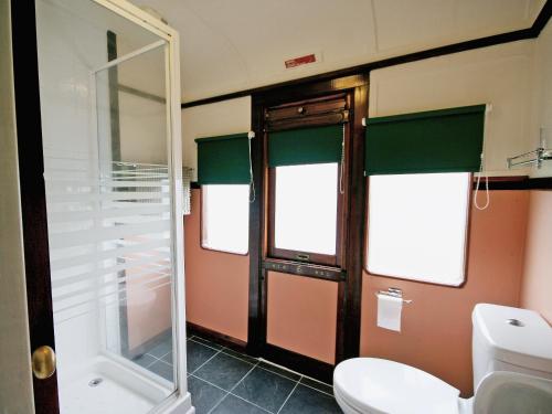 a bathroom with a toilet and a glass shower at Railway Carriage Two - E5601 in Wetheringsett