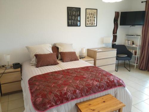 une chambre avec un lit, un bureau et une chaise dans l'établissement Studio Montbrun les bains, à Montbrun-les-Bains