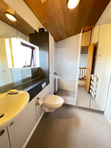 La salle de bains est pourvue de toilettes et d'un lavabo. dans l'établissement Cosy and family friendly house in Reykjavik centrally located in Laugardalur, à Reykjavik