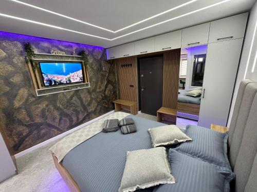 um quarto com uma cama e uma televisão na parede em FANTASY ROOM em Iaşi