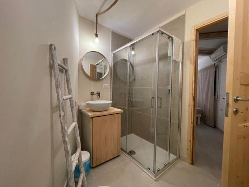 een badkamer met een douche, een wastafel en een spiegel bij Domus de Diana in Olbia