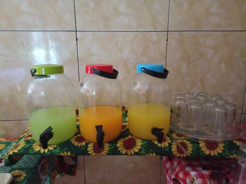 eine Gruppe von vier Flaschen und drei Gläsern Saft in der Unterkunft Dom Del'Gaudio Melhor lugar do mundo in Foz do Iguaçu