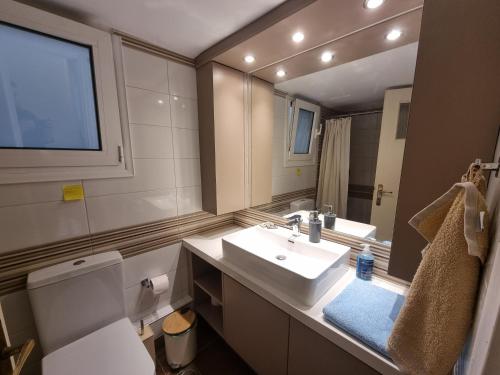 a bathroom with a sink and a mirror and a toilet at Cozy Apartment With Wrap Around Balcony in Athens