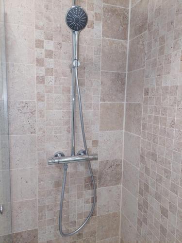 une douche avec pommeau de douche dans une salle de bain dans l'établissement Clos Montcenoux, au coeur de Bourges., à Bourges
