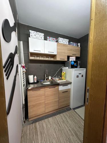 a small kitchen with a sink and a refrigerator at Family Apartment in Niš