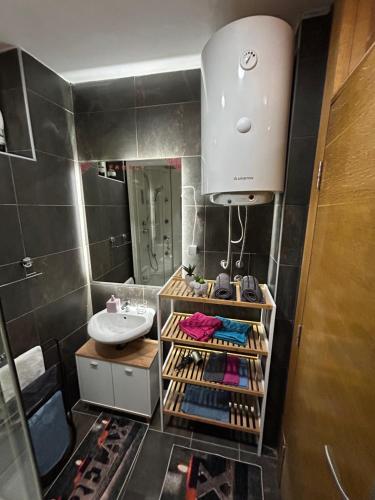 a small bathroom with a sink and a mirror at Family Apartment in Niš