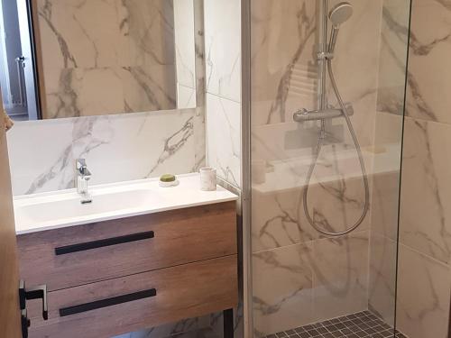 een badkamer met een wastafel en een douche bij Appartement Jausiers, 4 pièces, 8 personnes - FR-1-165B-18 in Jausiers