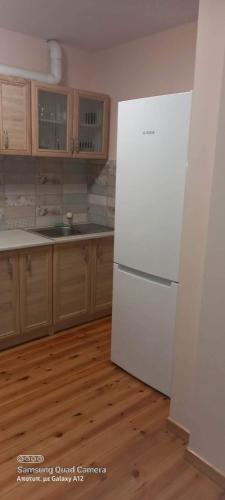 a white refrigerator in a kitchen with wooden floors at на волне in Áyios Spirídhon