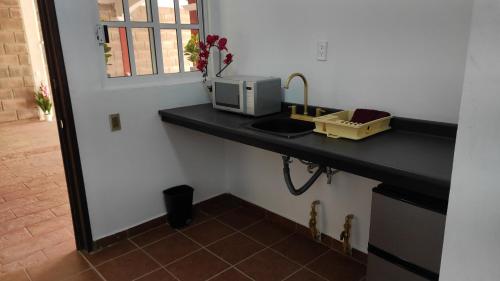 un bancone della cucina con forno a microonde e lavandino di Hotel Boutique Casona Mashei a Tasquillo