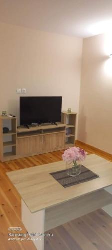 a living room with a tv and a table with flowers at на волне in Áyios Spirídhon