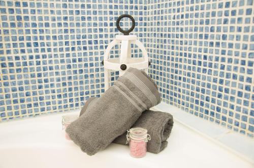 ein Handtuch, das an einem Kleiderständer im Bad hängt in der Unterkunft MAGNOLIA-6 Min de la Gare - Baignoire Balnéo- Wifi Gratuit in Melun