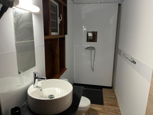 La salle de bains est pourvue d'un lavabo blanc et de toilettes. dans l'établissement Nature et quiétude, à Le Moule