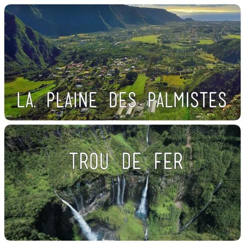 two pictures of a waterfall in a valley at STUDIO Le vent qui chuchote in Saint-Benoît