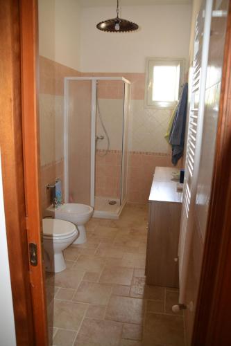 La salle de bains est pourvue d'une douche, de toilettes et d'un lavabo. dans l'établissement VILLA DAVIDE, à Tiggiano
