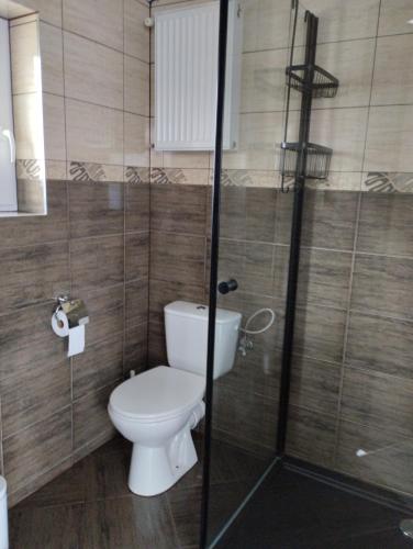 a bathroom with a toilet and a glass shower at U Derca in Gnieżdżewo