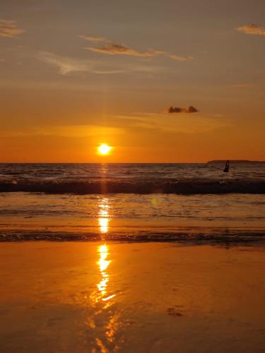 a sunset on the beach with a person in the ocean at Cabinas Pura Vida B&B and Tour Operator in Drake