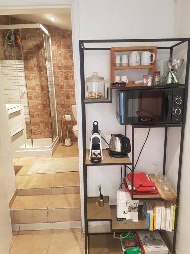 Petite chambre indépendante avec sdb, clim et parking privé في نيس: غرفة مع مطبخ مع ميكروويف وتلفزيون