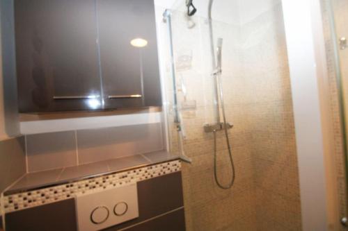uma casa de banho com um chuveiro e uma porta de vidro em Orchidée YourHostHelper em Cannes