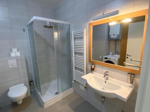 a bathroom with a shower and a sink and a toilet at Portview apartment in Rijeka