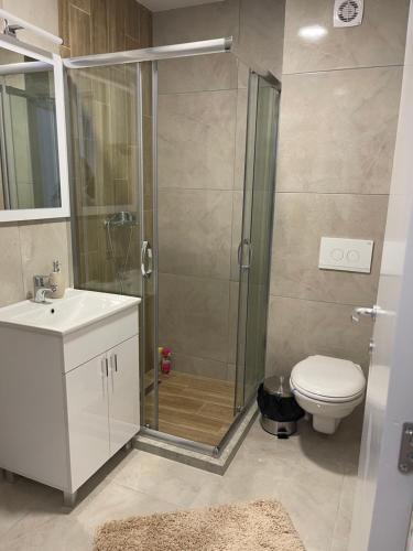 een badkamer met een douche, een toilet en een wastafel bij Cvetanov trg LUX 2 in Belgrado