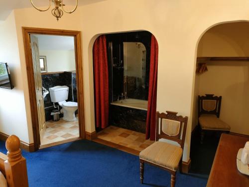 a bathroom with a tub and a toilet and a mirror at Great Trethew Hotel - Self Catering Lodges - Bar & Restaurant in Liskeard