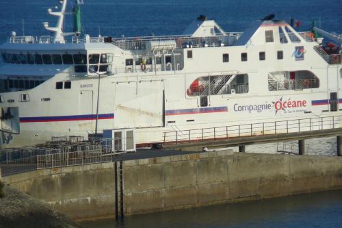 un navire de croisière est amarré dans l'eau dans l'établissement Appartement port maria vue mer, à Quiberon
