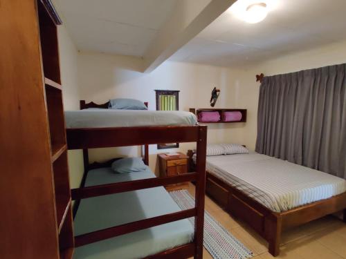 a bedroom with two bunk beds and a window at Cabinas Pura Vida B&B and Tour Operator in Drake