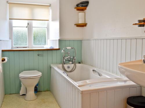 a bathroom with a tub and a toilet and a sink at Dylasau Cottage in Capel Garmon