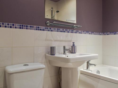La salle de bains est pourvue d'un lavabo, de toilettes et d'un miroir. dans l'établissement Sunny Dales Townhouse, à Settle