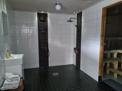 a bathroom with a shower and a sink at Sydåbacka Guest House, a Room with a Sauna in Kirkkonummi