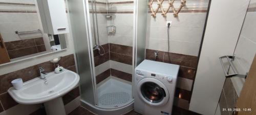 ein kleines Bad mit einer Waschmaschine und einem Waschbecken in der Unterkunft LiamMarco in Plaški