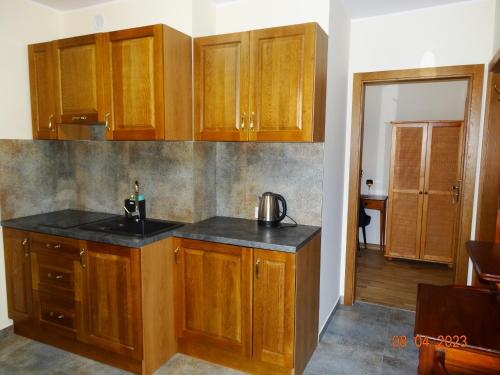 a kitchen with wooden cabinets and a sink at APARTAMENTY i POKOJE - DOM GOŚCINNY PASJA -2 MINUTY DO PLAŻY in Dźwirzyno