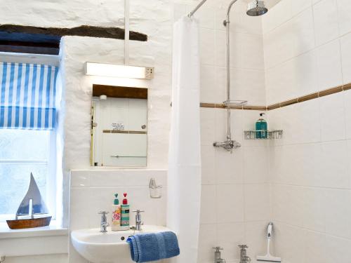 a white bathroom with a sink and a mirror at Yet Farm Cottage in Cenarth