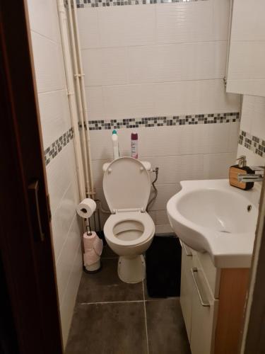 a small bathroom with a toilet and a sink at Appartement cosy à 5mn à pied de la gare de melun. in Melun