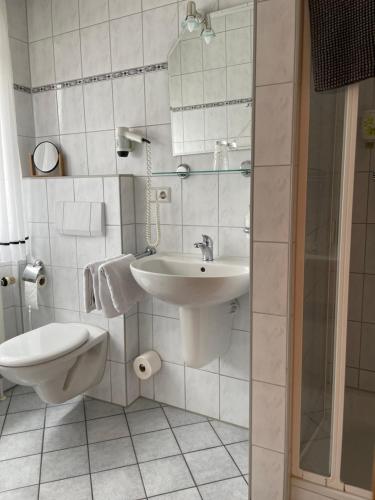 La salle de bains est pourvue d'un lavabo, de toilettes et d'un miroir. dans l'établissement Landhotel Altmann, à Hörstel