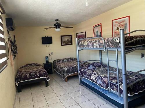 Zimmer mit 2 Etagenbetten und einem Ventilator in der Unterkunft Great place to chill! in Zihuatanejo
