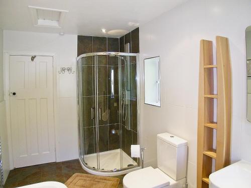a bathroom with a shower and a toilet at Greystones in Kilnsey