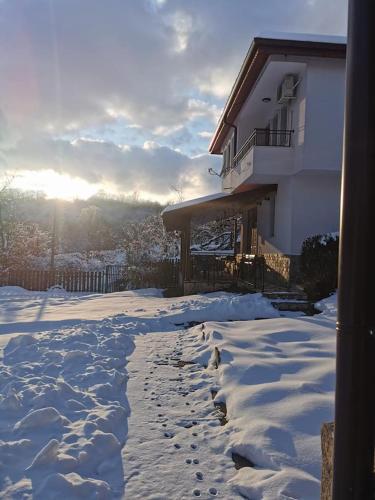 a yard covered in snow next to a house at Бадевски рай-къща Надежда in Badewzi