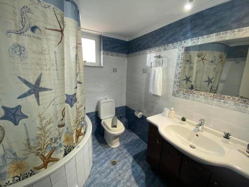ein Badezimmer mit Waschbecken, WC und Duschvorhang in der Unterkunft Kisamos Nice Apartment 3 in Kissamos