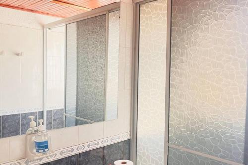 een badkamer met een douche en een spiegel bij Grandiosa Casa-Jacuzzi Privado in Flandes