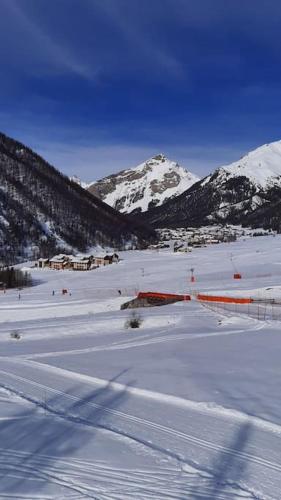 a snow covered field with a mountain in the background at Les granges d'Arvieux 701 in Arvieux