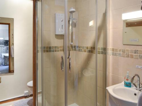 a bathroom with a shower and a sink at The Smithy in Brentor