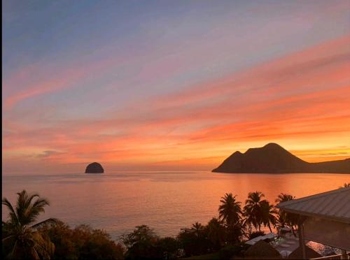 a sunset over the ocean with a house and palm trees at Appartement terrasse vue mer et piscine in Le Diamant