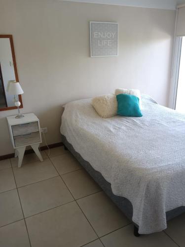 een slaapkamer met een bed met een blauw kussen erop bij Temporario 2 habitaciones in Cañada de Gómez
