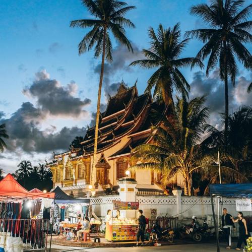 a building with palm trees in front of it at Villa KiengKham晶康民宿 in Luang Prabang