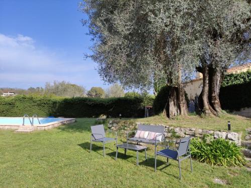 un grupo de sillas sentadas en el césped junto a un árbol en Villa Olivaie St Ange, en La Gaude