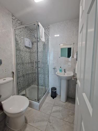 een badkamer met een douche, een toilet en een wastafel bij Lyndon Guesthouse in Dublin