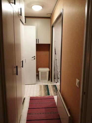 a hallway with a door to a bathroom with red carpet at Tilava kahden makuuhuoneen asunto pihalla in Kauhajoki